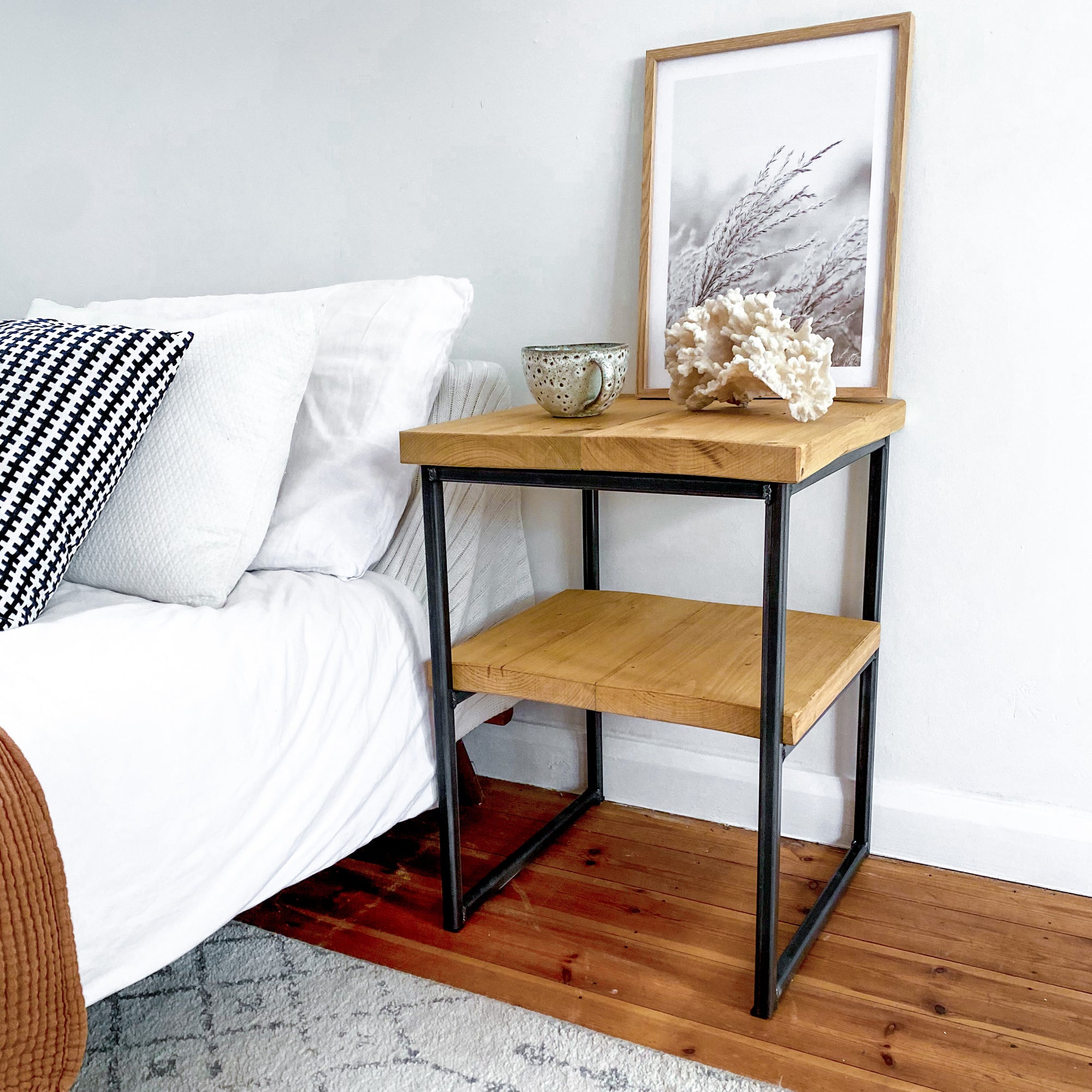 Wooden Bedside Table Small Side set Narrow Slim Oak Rustic Nightstand Bed Tall Low Pine Industrial Metal Scandi Mid century