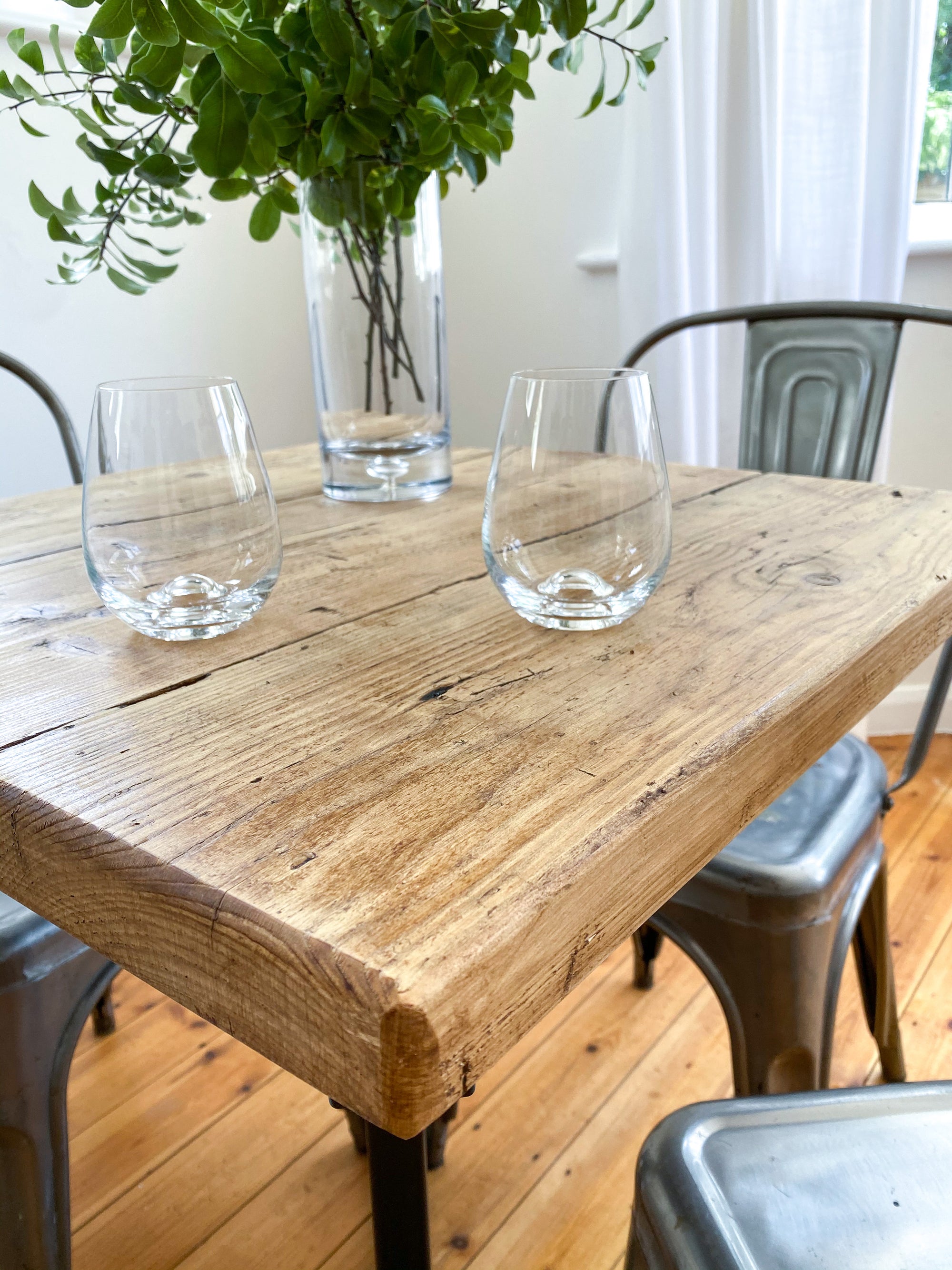 Reclaimed wood bar table pedestal industrial restaurant cafe shop square round steel metal wooden 2 4 6 chunky rustic Bistro.