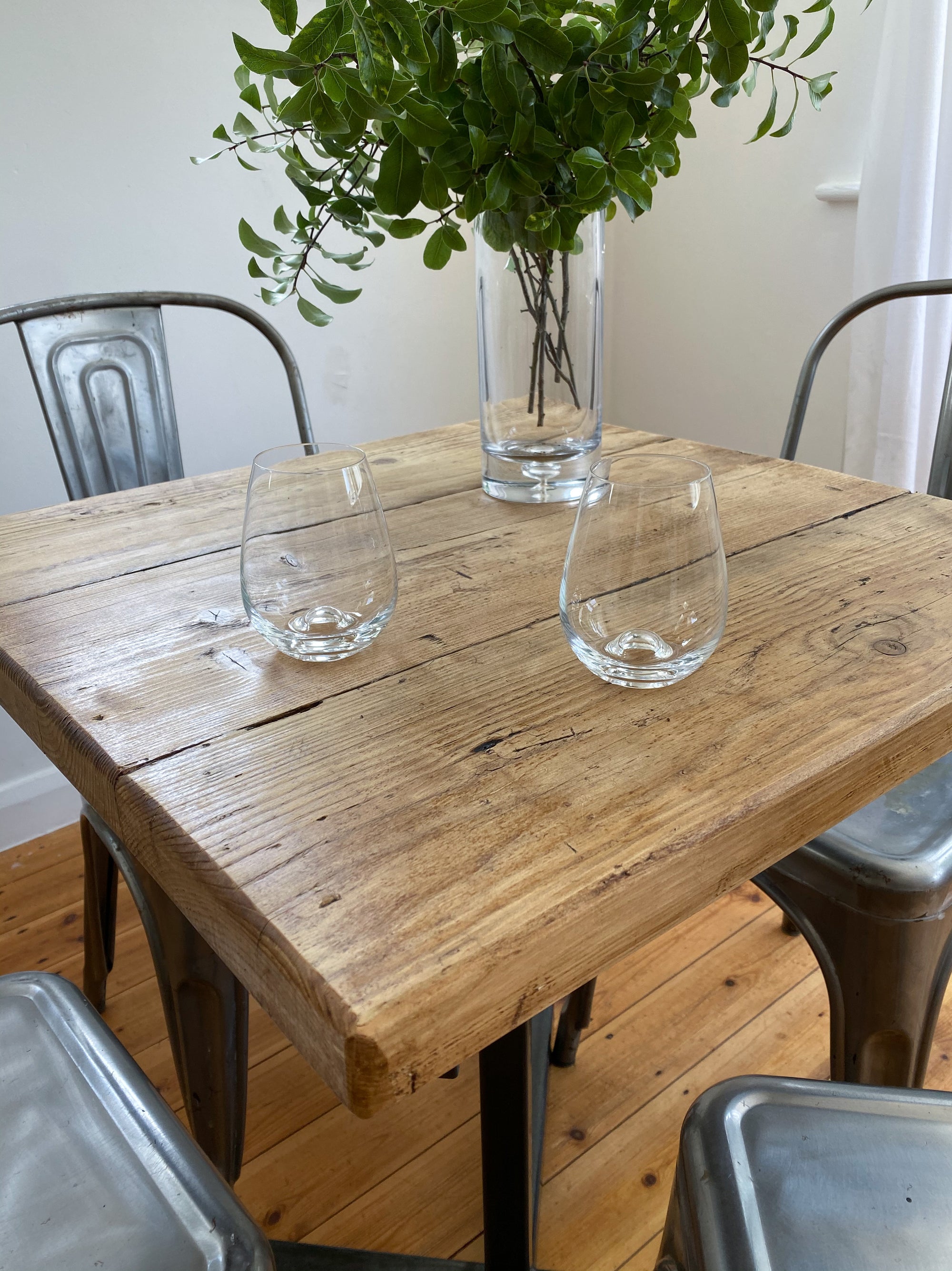 Reclaimed wood bar table pedestal industrial restaurant cafe shop square round steel metal wooden 2 4 6 chunky rustic Bistro.