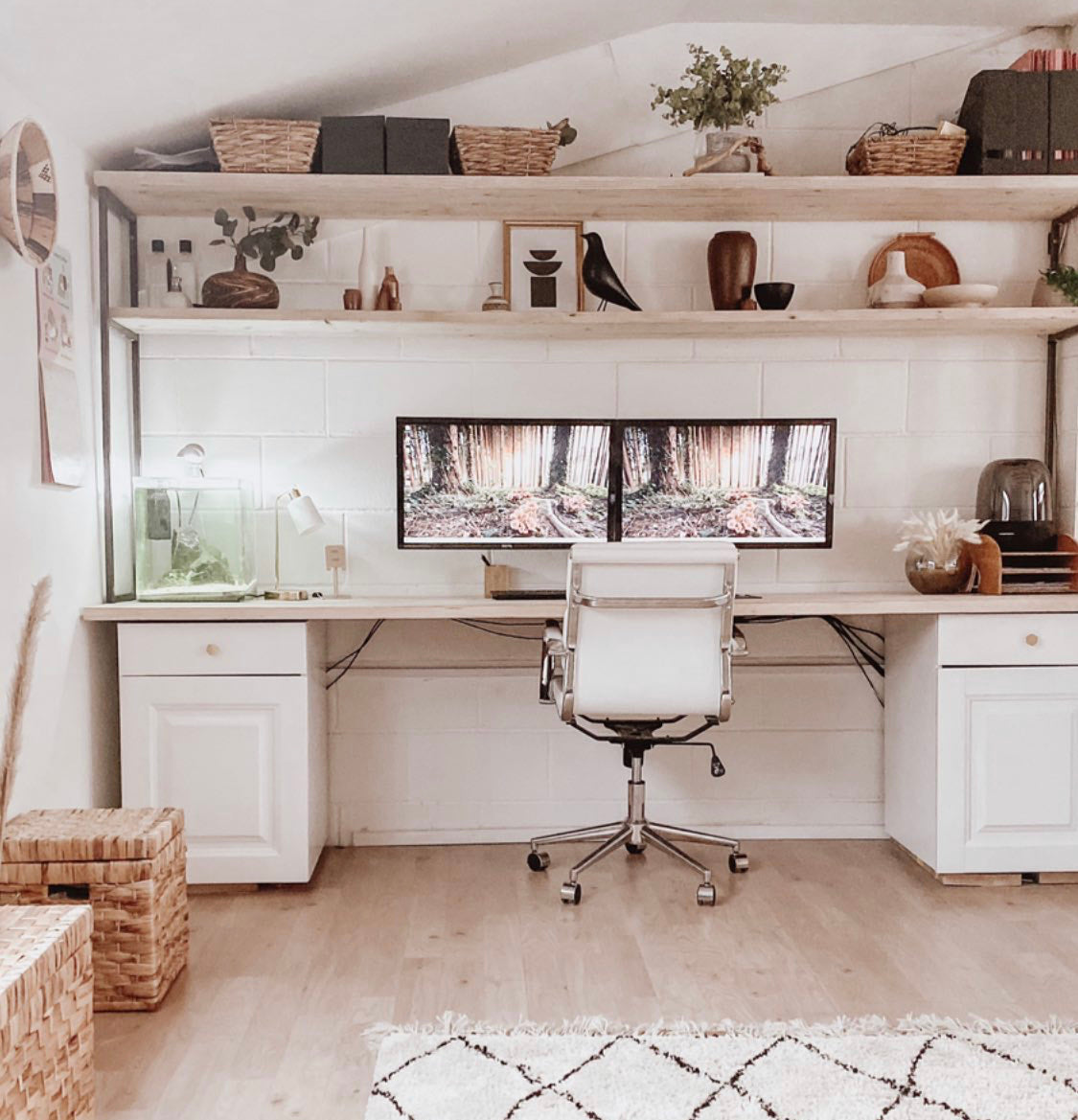 Office desk shelves built in wall cabinet bespoke solid wood pine oak large executive monitor stand open shelves bookcase.