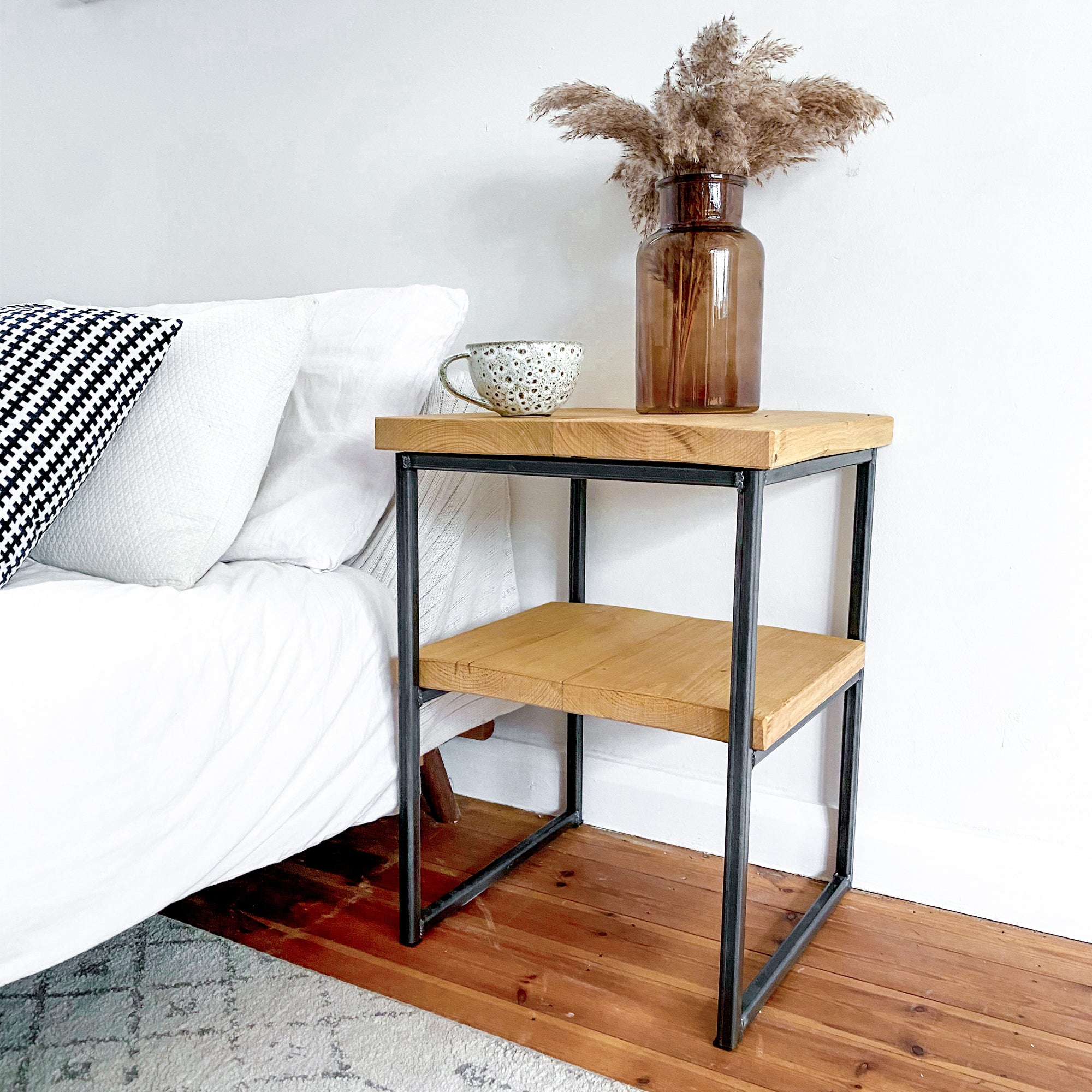 Wooden Bedside Table Small Side set Narrow Slim Oak Rustic Nightstand Bed Tall Low Pine Industrial Metal Scandi Mid century