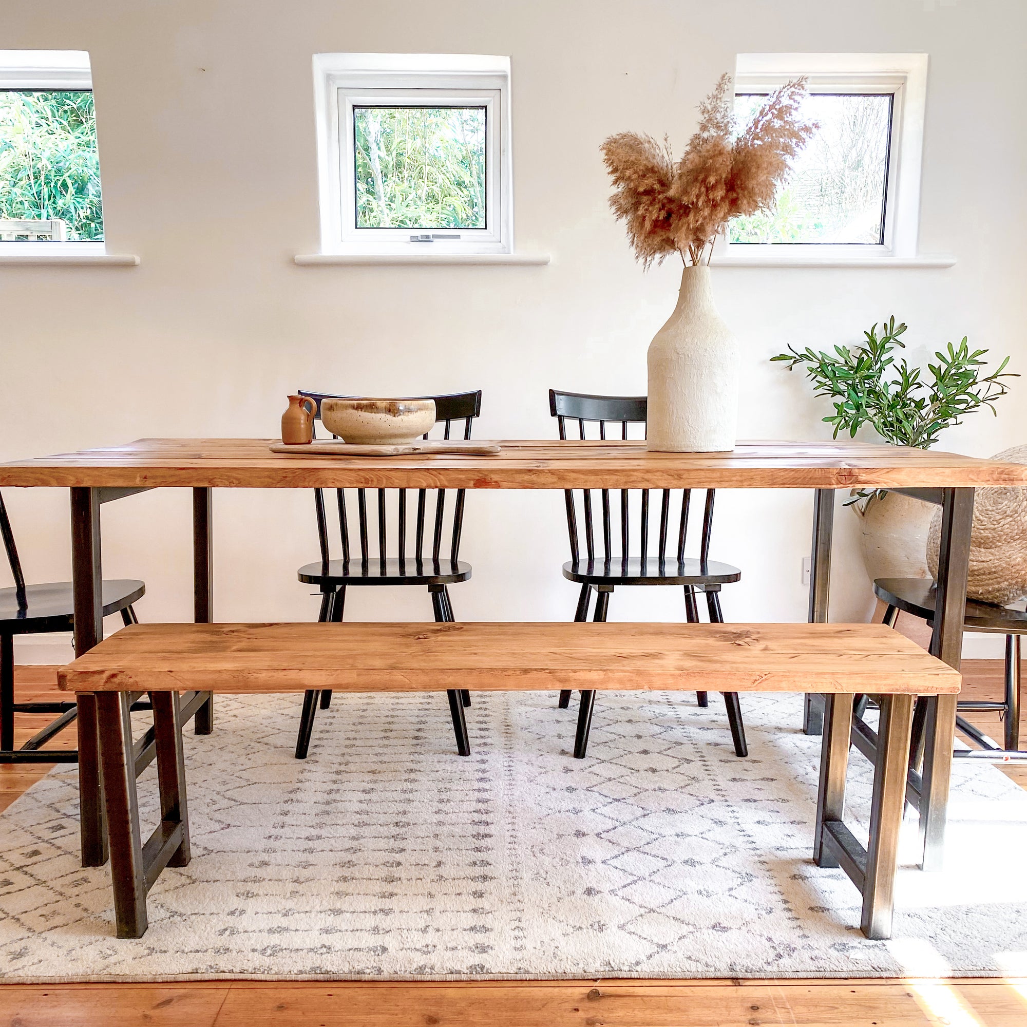 Kitchen Table Dining Set With Bench Oak Wood Small to 8 Seater Space Saving Wooden Scandi 4 seat Chairs Rustic Reclaimed Narrow Farmhouse Modern