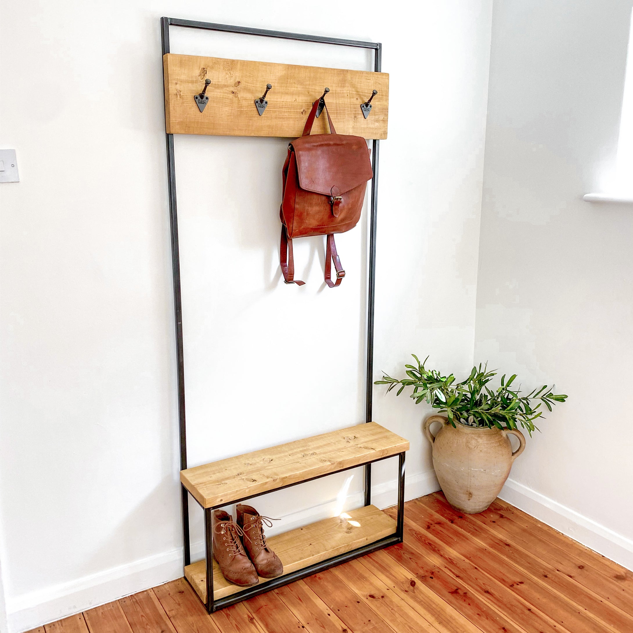 Coat Hall Rack Stand Tree with Shoe Hat Hooks Storage Standing Metal Shelves