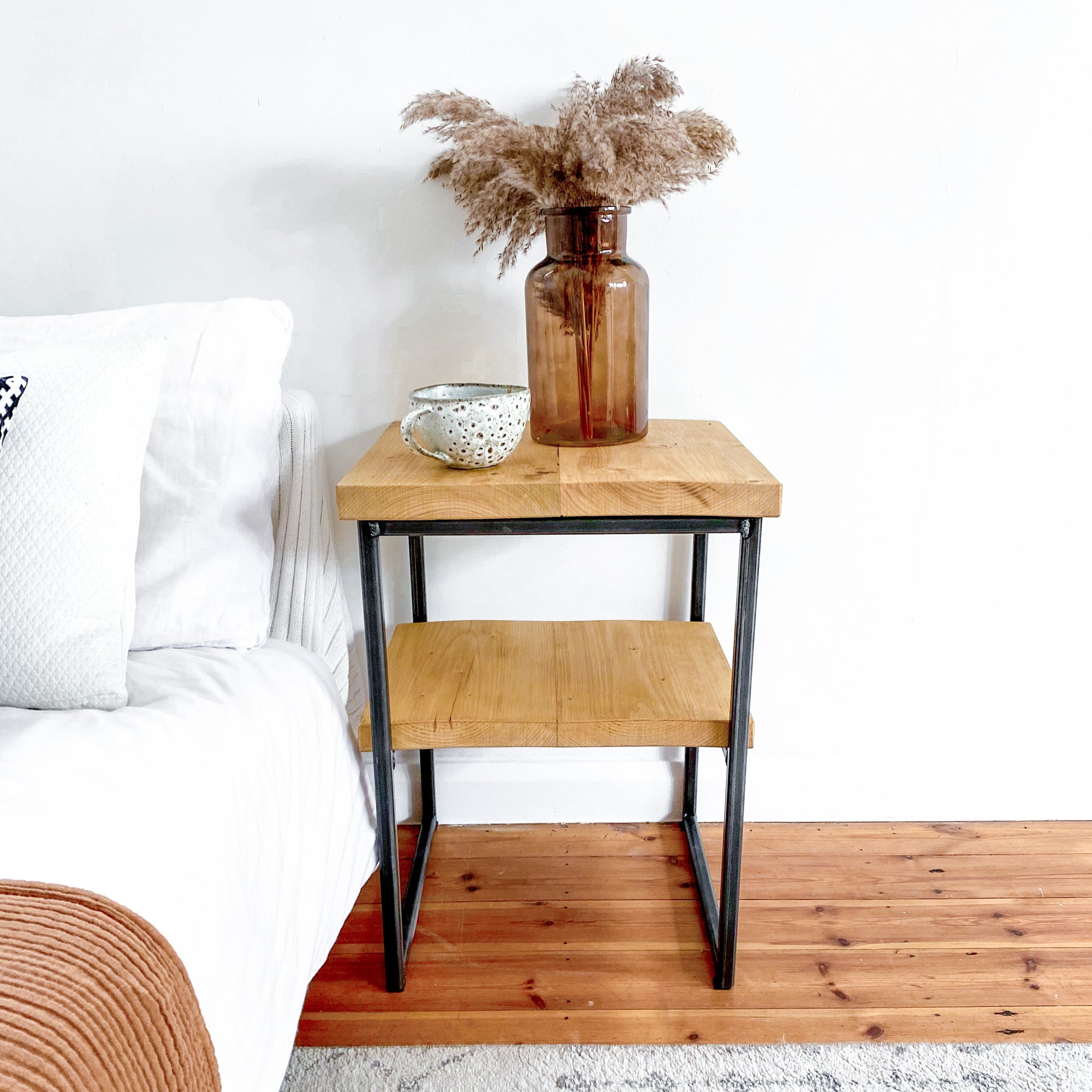 Wooden Bedside Table Small Side set Narrow Slim Oak Rustic Nightstand Bed Tall Low Pine Industrial Metal Scandi Mid century