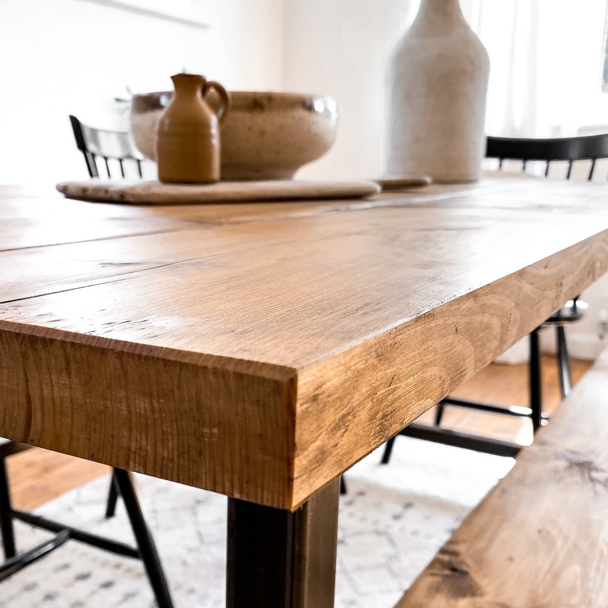 Kitchen Table Dining Set With Bench Oak Wood Small to 8 Seater Space Saving Wooden Scandi 4 seat Chairs Rustic Reclaimed Narrow Farmhouse Modern