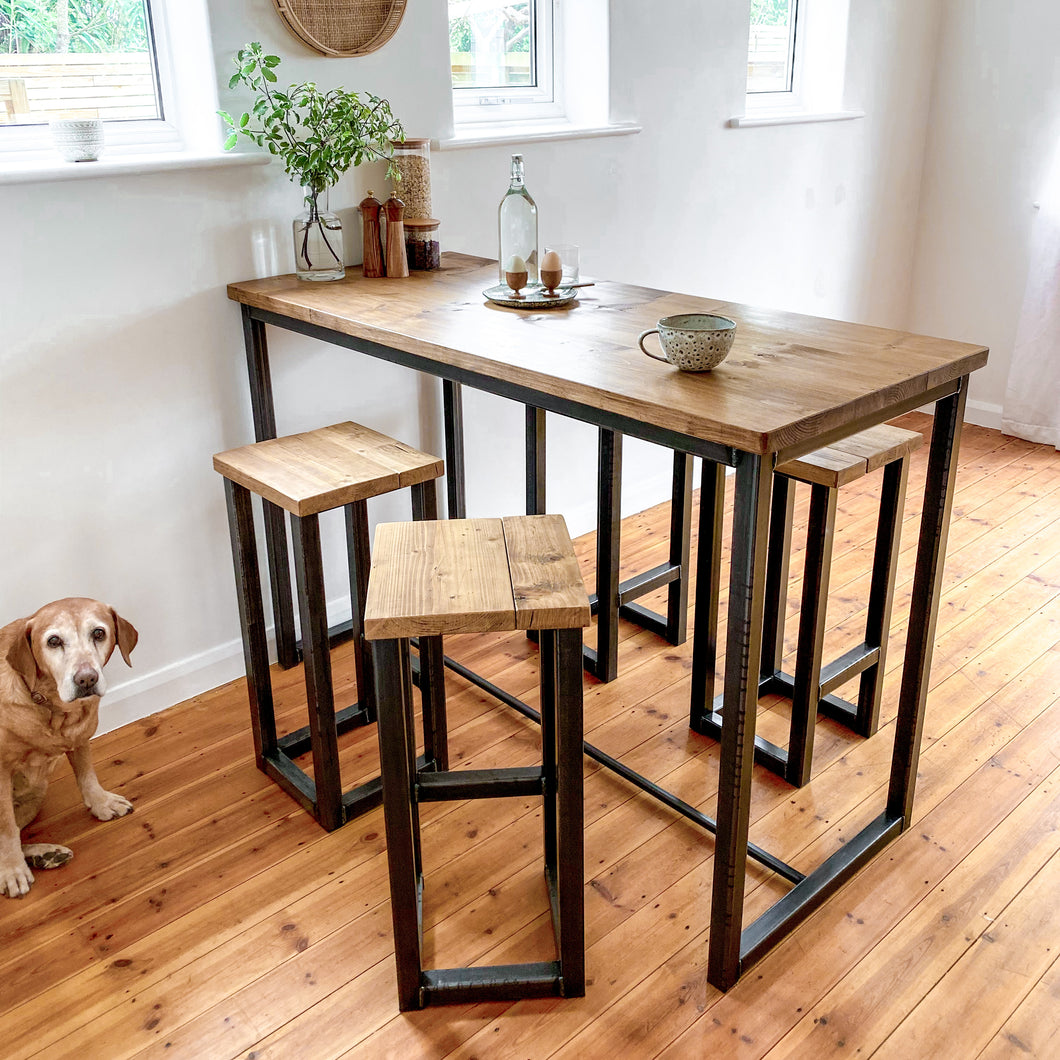 Breakfast bar table kitchen stool set tall high stools pair 4 seat 6 seater island pub bench oak Solid wood reclaimed industrial Media 1 of 19