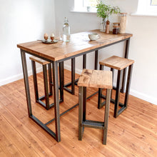 Load image into Gallery viewer, Breakfast bar table kitchen stool set tall high stools pair 4 seat 6 seater island pub bench oak Solid wood reclaimed industrial Media 1 of 19
